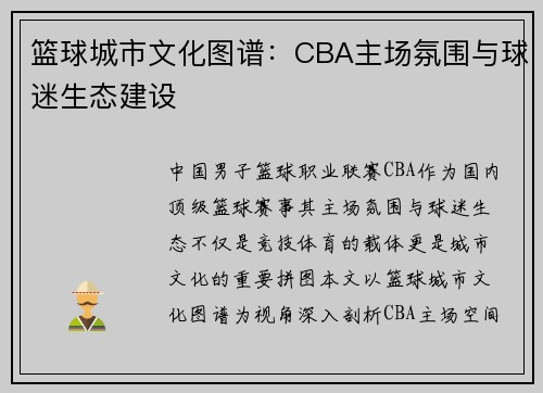 篮球城市文化图谱：CBA主场氛围与球迷生态建设