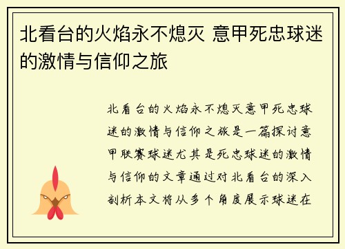 北看台的火焰永不熄灭 意甲死忠球迷的激情与信仰之旅