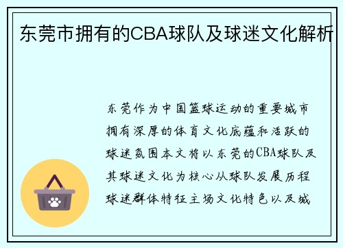 东莞市拥有的CBA球队及球迷文化解析