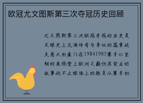 欧冠尤文图斯第三次夺冠历史回顾