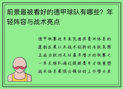 前景最被看好的德甲球队有哪些？年轻阵容与战术亮点